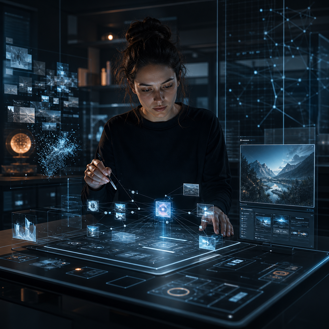 Generative AI application architecture represented as a luminous product system