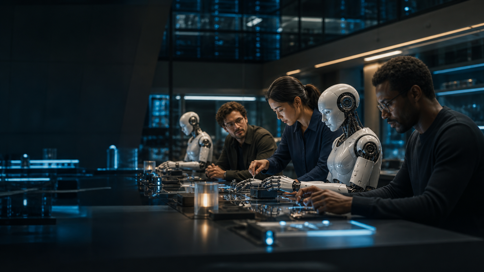Professionals and android collaborators working together at luminous laboratory workstations