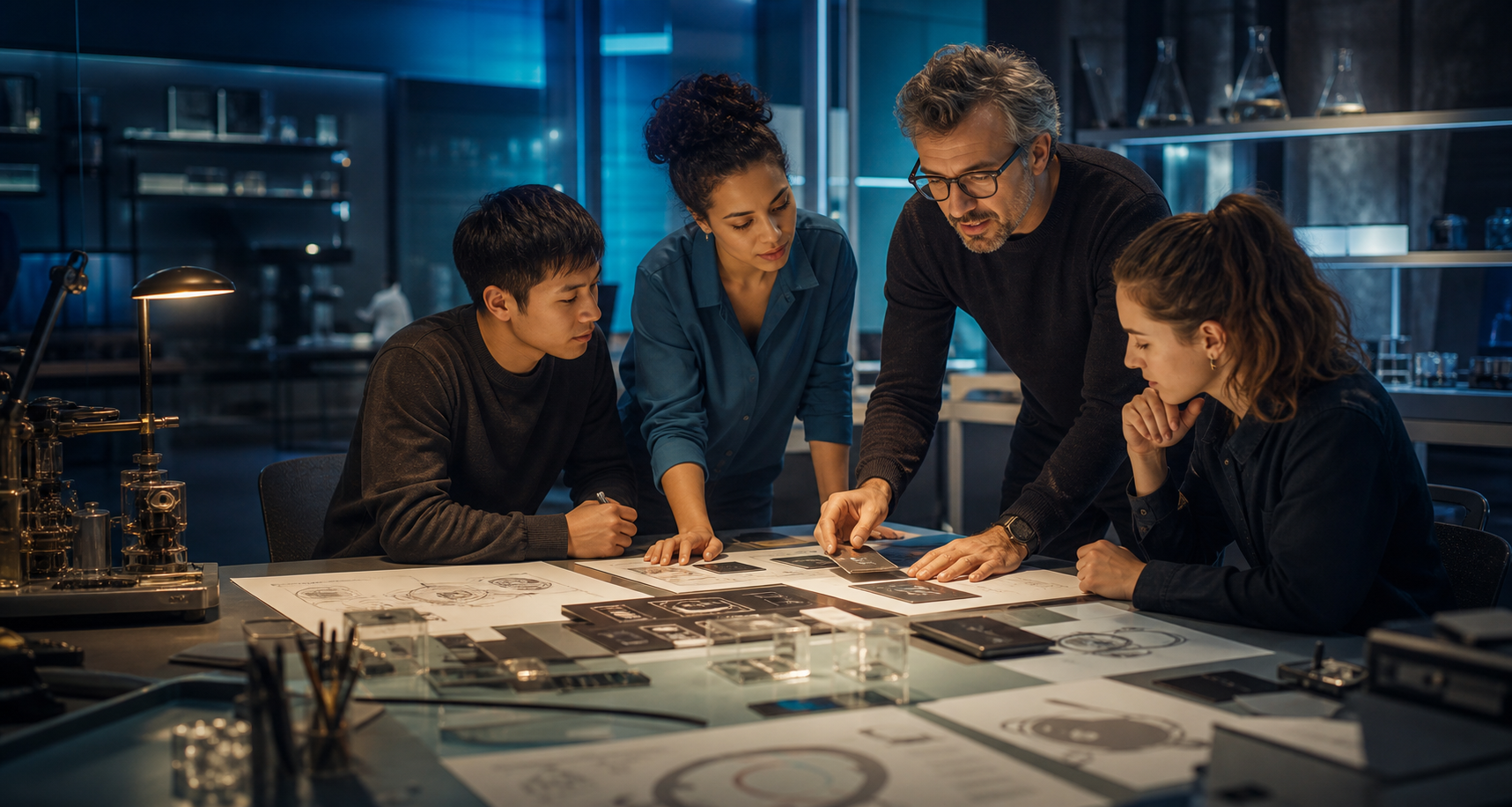 A diverse learning cohort and instructor reviewing AI project artifacts in a futuristic studio